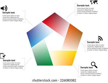 Vector illustration with pentagon infographic consists of five colors with separate signs and symbols in each part