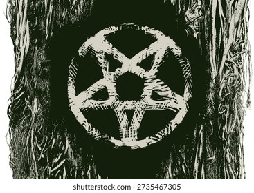 Vector illustration of a pentagram, a circle, a tree, branches, and roots in a grunge style. Symbol of Satanism. Design for t-shirts, logos, and music covers. No AI.