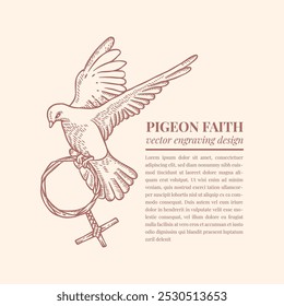 Vector illustration of Pentecost Sunday backgroud design. Flying peace dove with olive branch. Spiritual purity symbol sketch. Vector illustration in vintage engraving style on pink pastel color