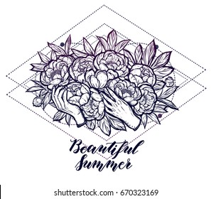 Vector illustration. Peonies bouquet in the hands. Handmade, background white, prints on T-shirts, tattoos. Violet black colors