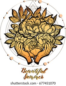 Vector illustration. Peonies bouquet in the hands. Handmade, tattoos, prints on T-shirts.sacred geometry, background white. gold color