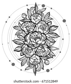 Vector illustration. Peonies bouquet, sacred geometry. Handmade, background white, tattoos, prints on T-shirts