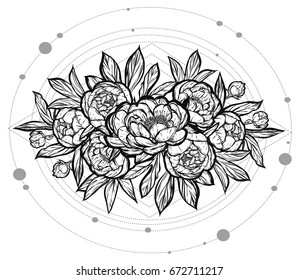Vector illustration. Peonies bouquet, sacred geometry. Handmade, tattoos, prints on T-shirts, background white