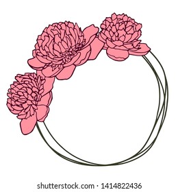 Vector illustration peonies floral frame circular hand drawn