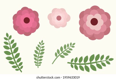 Vector illustration of peonies flowers and their leaves. View from above