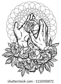 Vector illustration. Peonies in the hands, prints on T-shirts, tattoos, background white. Handmade