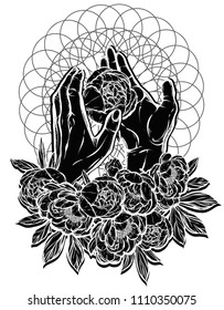 Vector illustration. Peonies in the hands, prints on T-shirts, tattoos, background white. Handmade,black color