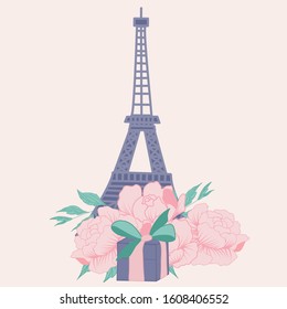 vector illustration with peonies, tour eiffel and gifts, perfect to use on the web or in print