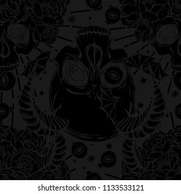 Vector illustration. peony flowers, eyes, horns, skull, mysticism. Handmade, prints on T-shirts, grey background, black color