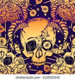 Vector illustration. peony flowers, eyes, horns, skull, mysticism. Handmade, prints on T-shirts, purple background, gold color