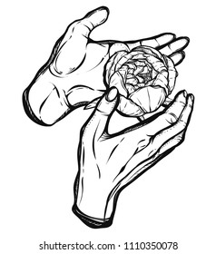 Vector illustration. Peony in the hands, prints on T-shirts, tattoos, background white. Handmade