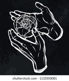 Vector illustration. Peony in the hands, prints on T-shirts, tattoos, background chalkboard. Handmade