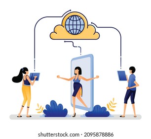 vector illustration of people access the internet with the cloud to communicate with each other. Integrated mobile apps for easy sharing and networking. Designed for website, web, apps, poster, banner