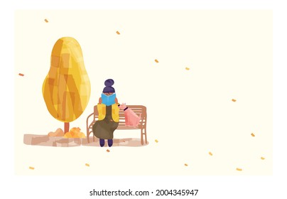 Vector illustration of people activites during Autumn or falls season.People reading outdoor with dog while wind blowing.Concept of people in Autumn