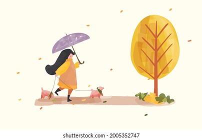 Vector illustration of people activites during Autumn or falls season.People going outdoor with dog while wind blowing.Walk a dog to the forest.Concept of people in Autumn