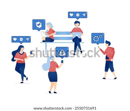 vector illustration of People Addicted to Social Media. Constantly Engaged with Gadgets, Updating and Interacting with Social Media Through Comments, Shares, and Likes Non-stop