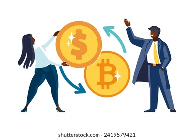 Vector illustration. People, African-American girl and businessman exchange gold coins, dollars and bitcoin. Business for development, financing. Business mission concept. Earnings, monetary reward