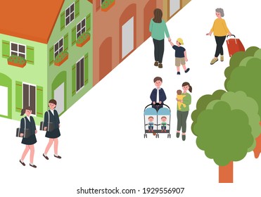 Vector illustration of people at all age in beautiful 3d town