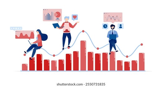 Ilustración vectorial de Personas Analizar los logros financieros y el rendimiento de la empresa mediante el trabajo con gráficos de líneas y barras, la revisión de diagramas y gráficos para la pista del progreso profesional y el crecimiento