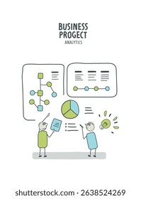 Vector illustration of people analyzing business strategies. Business concepts of analytics, planning, marketing research, work communication, goal settings. 