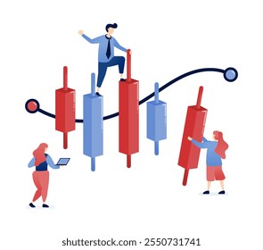 vector illustration of People analyzing candlestick charts in the stock market, using high-risk investment strategies, managing financial risks, and navigating market volatility for high returns