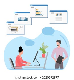 Vector illustration People analyzing data using computer Profession. Employees of the company working, communicating in office. Work. Job. Business professionals. Teamwork Interaction Partnership