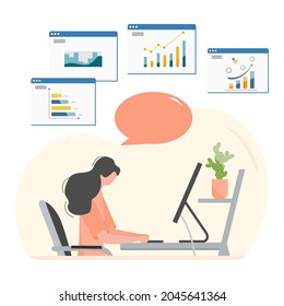 Vector illustration People analyzing data using computer Profession. Employees of the company working, communicating in office. Work. Job. Business professionals. Teamwork Interaction Partnership