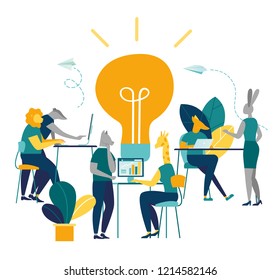 vector illustration of people animals, online assistant at work. network promotion. manager, brainstorming