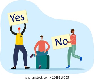 Ilustración vectorial.Dos personas discuten entre sí con signos de "sí" y "no".El concepto de disputas, debates, negociaciones