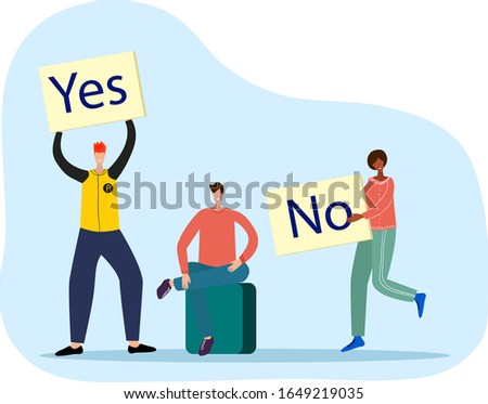 Vector illustration.Two people are arguing with each other holding Yes and No signs.The concept of disputes, debates, negotiations