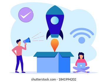 Vector illustration of people around rocket of spaceship taking off. successful teamwork in startup vectors.