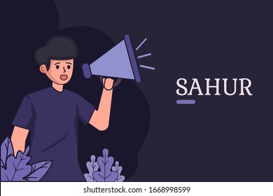 vector illustration people awaking Sahur with megaphone in early morning or night. Muslim Islam people Ramadan Sahur Adzan. background banner poster web site blog social media post ui. 