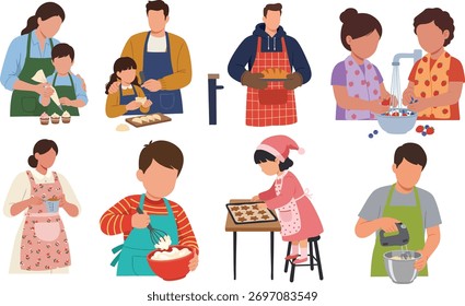 Ilustración vectorial de hornear y cocinar Personas en estilo minimalista moderno con paleta de colores brillantes