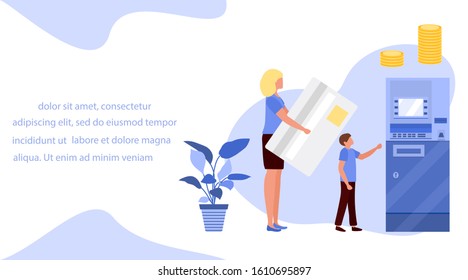 Vector illustration People with bank card near ATM. Cash withdrawal, currency exchange at automated teller machine. Financial transactions using ATM. Electronic technology. Design for web page, print