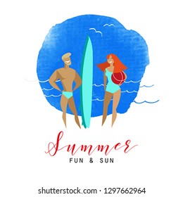Vector illustration of people at beach or seashore relaxing and performing leisure outdoor activities - sunbathing, reading books, talking, walking, surfing, or ocean. Flat cartoon vector illustration