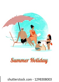 Vector illustration of people at beach or seashore relaxing and performing leisure outdoor activities - sunbathing, reading books, talking, walking, surfing, or ocean. Flat cartoon vector illustration