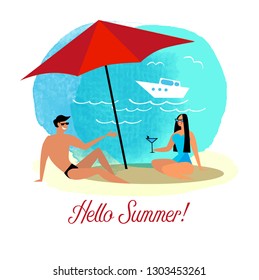 Vector illustration of people at beach or seashore relaxing and performing leisure outdoor activities - sunbathing, reading books, talking, walking, surfing, or ocean. Flat cartoon vector illustration