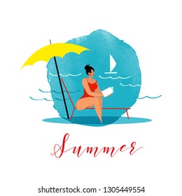 Vector illustration of people at beach or seashore relaxing and performing leisure outdoor activities - sunbathing, reading books, talking, walking, surfing, or ocean. Flat cartoon vector illustration