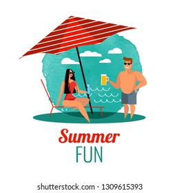 Vector illustration of people at beach or seashore relaxing and performing leisure outdoor activities - sunbathing, reading books, talking, walking, surfing, or ocean. Flat cartoon vector illustration