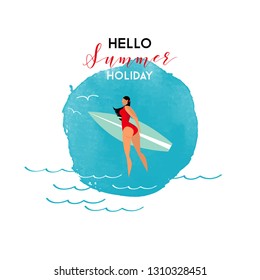 Vector illustration of people at beach or seashore relaxing and performing leisure outdoor activities - sunbathing, reading books, talking, walking, surfing, or ocean. Flat cartoon vector illustration