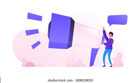 vector illustration of people and big megaphone. announcement, said, conveying. modern purple and pink color style