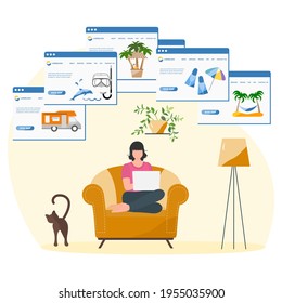 Vector illustration People book vacation on laptop. Travel or journey planning. Plan holiday route. Online concept. Internet e-commerce, travel technology. Resort. Tourism. Design for website, print