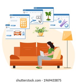 Vector illustration People book vacation on laptop. Travel or journey planning. Plan holiday route. Online concept. Internet e-commerce, travel technology. Resort. Tourism. Design for website, print