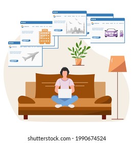 Vector illustration People book vacation on laptop. Travel or journey planning. Plan holiday route. Online concept. Internet e-commerce, travel technology. Resort. Tourism. Design for website, print