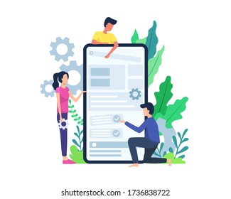 Vector illustration People build mobile application. Developer build mobile application, Men and women develop mobile application. Mobile apps developer concept. Vector in flat style