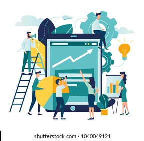 vector illustration people are building a business on the internet. laptop screen with a website. teamwork,promotion of business online, the takeoff rating of the work, ideas vector