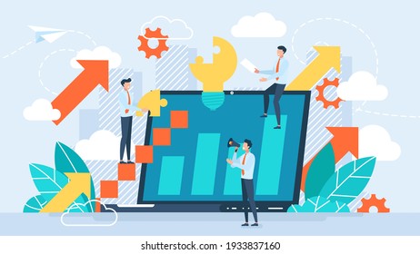 Vector illustration people are building a business on the internet. Laptop screen with a website. Teamwork,promotion of business online, the takeoff rating of the work, ideas vector