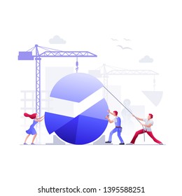 Vector illustration people are building a new achievements with pie graph. Business teamwork concept. People characters are working together. Financial success, cooperation or banking concept. 
