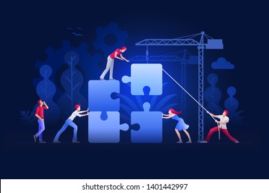 Vector Illustration People Are Building A New Achievements With Jigsaw Puzzle. Business Teamwork Concept. People Characters Are Working Together. Financial Success, Cooperation Or Building Concept. 