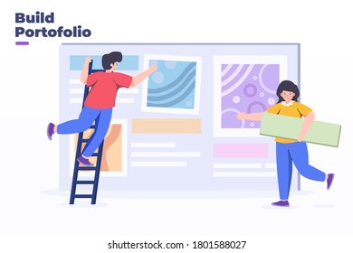 vector Illustration  people building a portofolio with team designer concept. making portofolio. web apps UI layoutouting process. team work design studio concept. website, banner, blog, promotion.